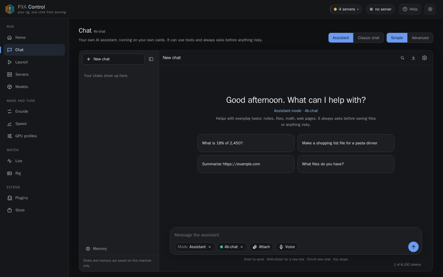 PXA Control, chat tab (dark theme)