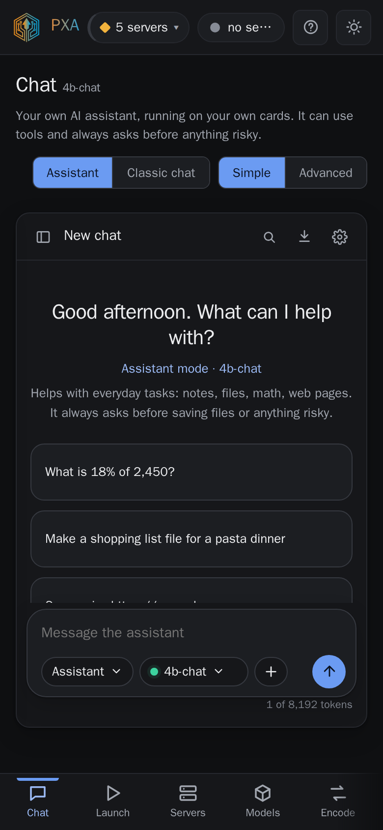 PXA Control, chat tab (dark theme)