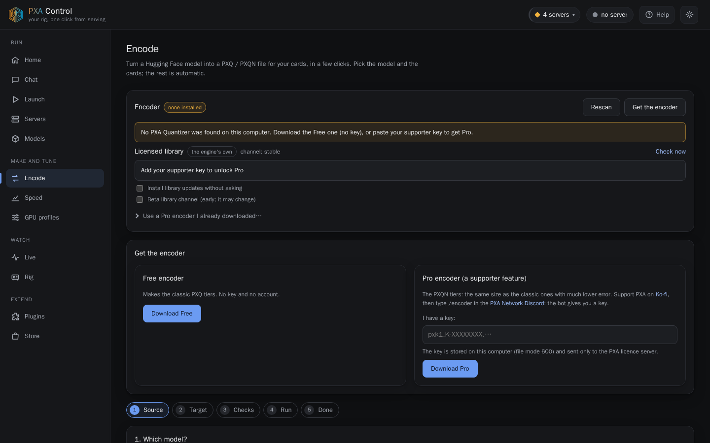 PXA Control, encode tab (dark theme)