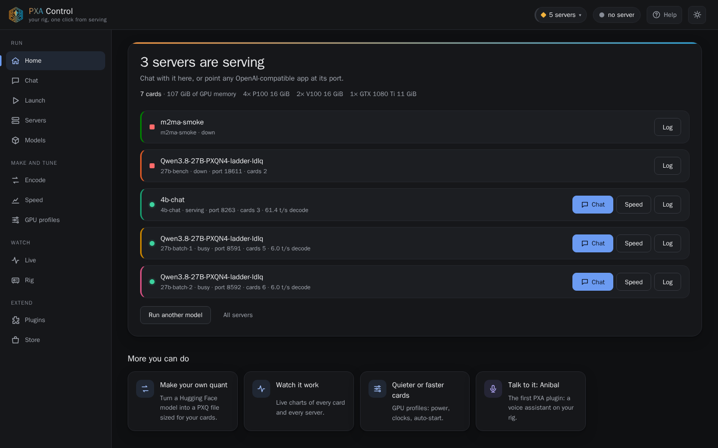 PXA Control, home tab (dark theme)