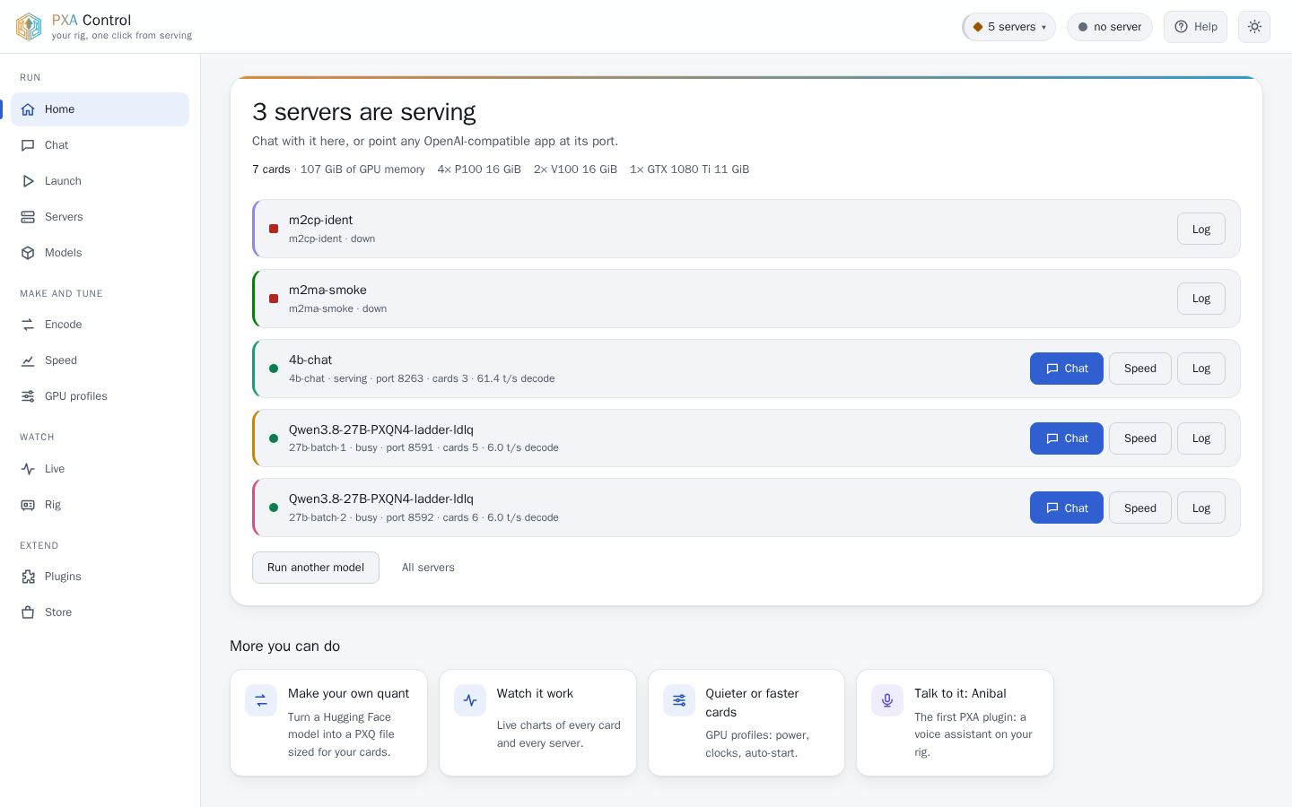 PXA Control, home tab (light theme)