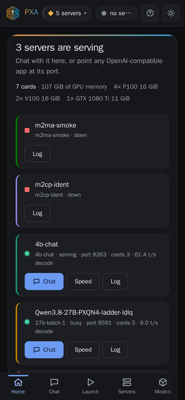 PXA Control, home tab (dark theme)