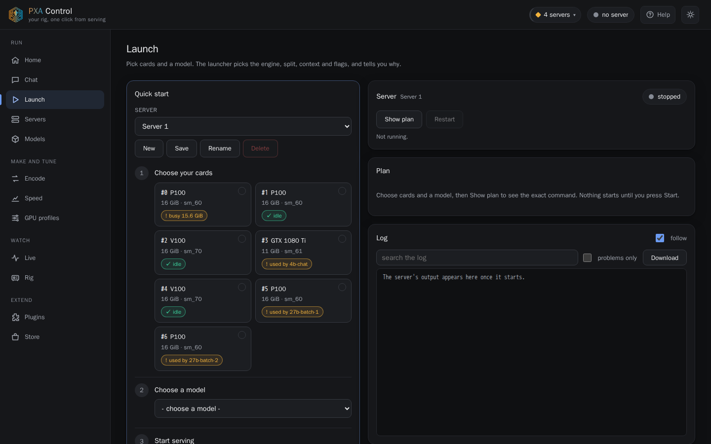 PXA Control, launch tab (dark theme)