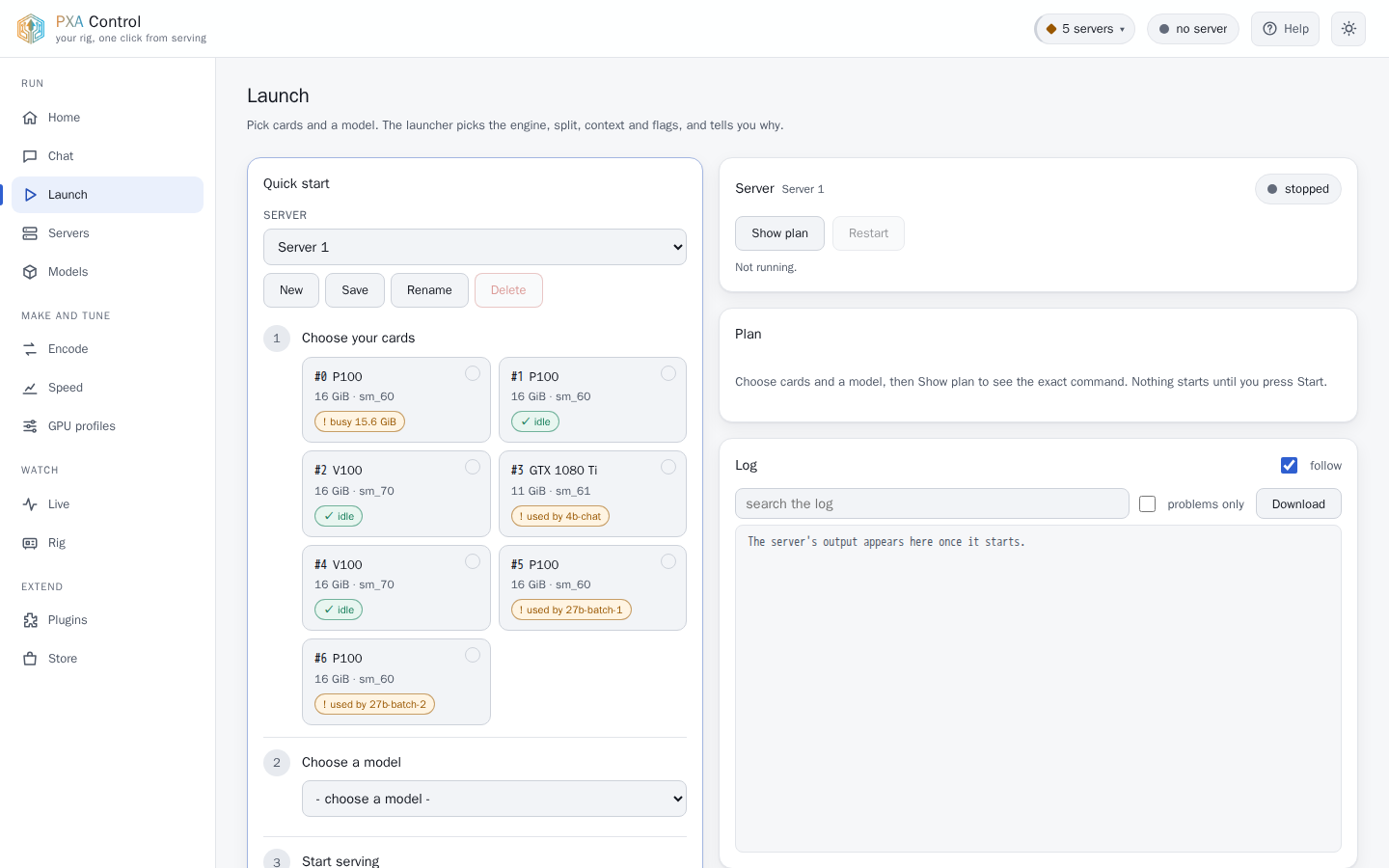 PXA Control, launch tab (light theme)