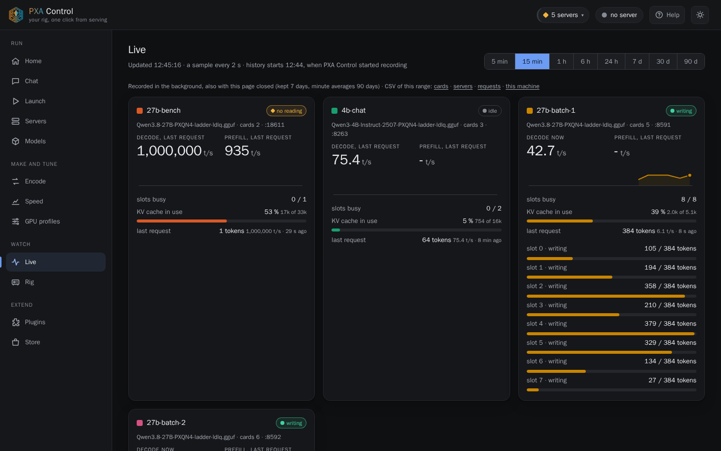PXA Control, live tab (dark theme)