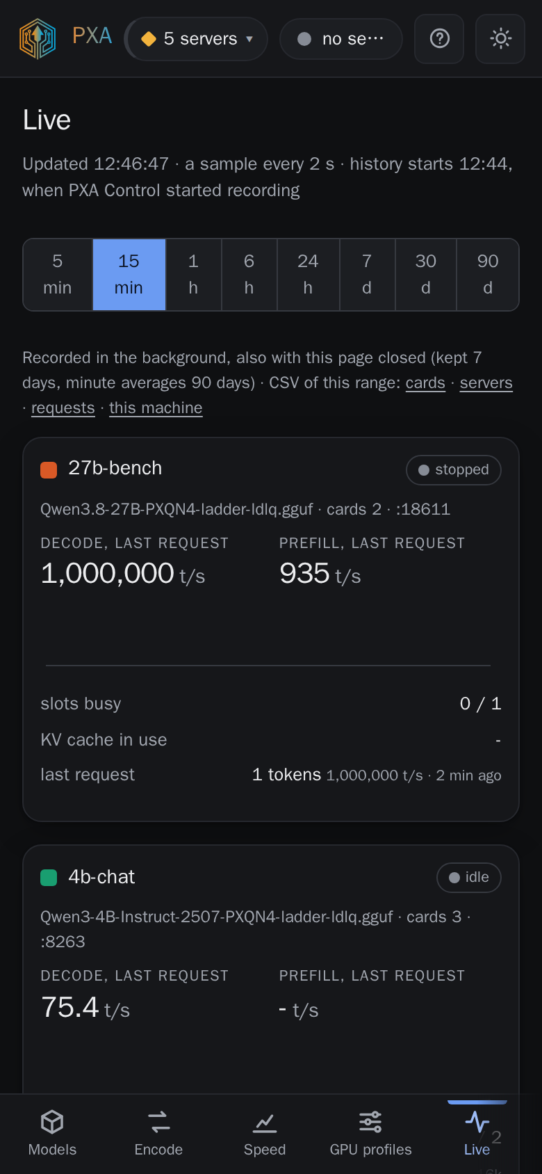PXA Control, live tab (dark theme)