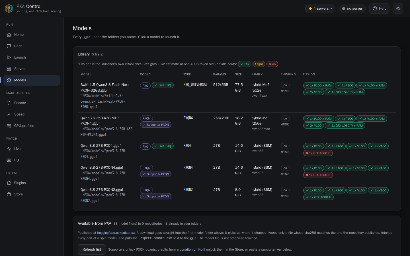 PXA Control, models tab (dark theme)
