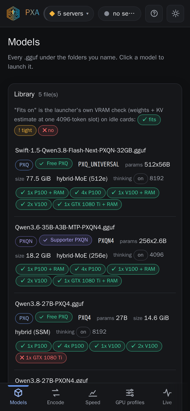PXA Control, models tab (dark theme)