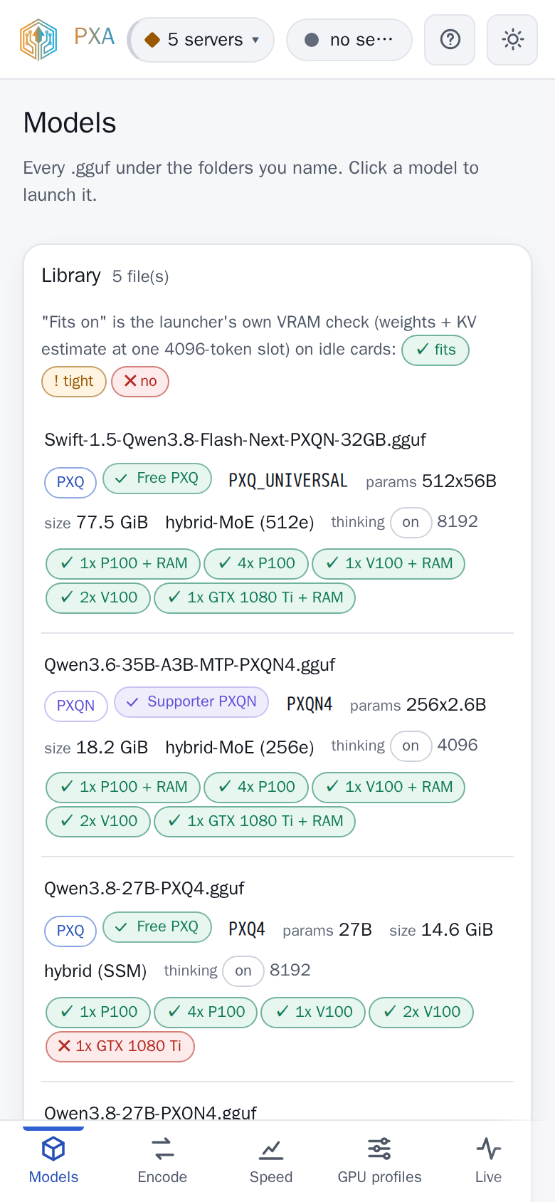 PXA Control, models tab (light theme)