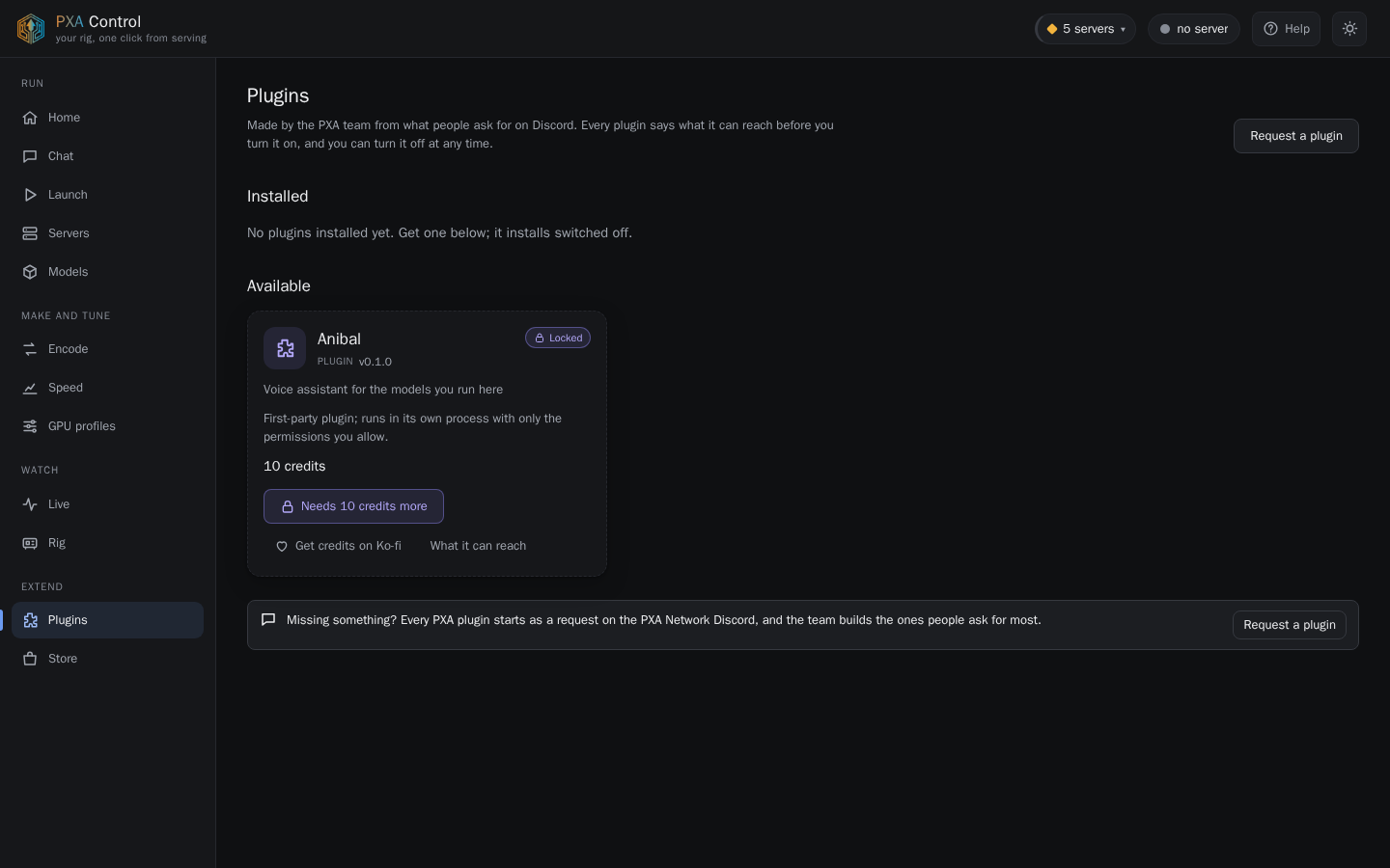 PXA Control, plugins tab (dark theme)