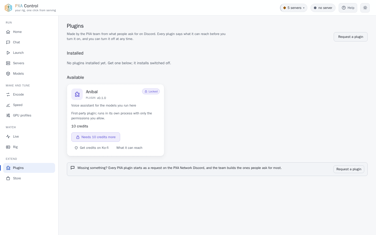 PXA Control, plugins tab (light theme)