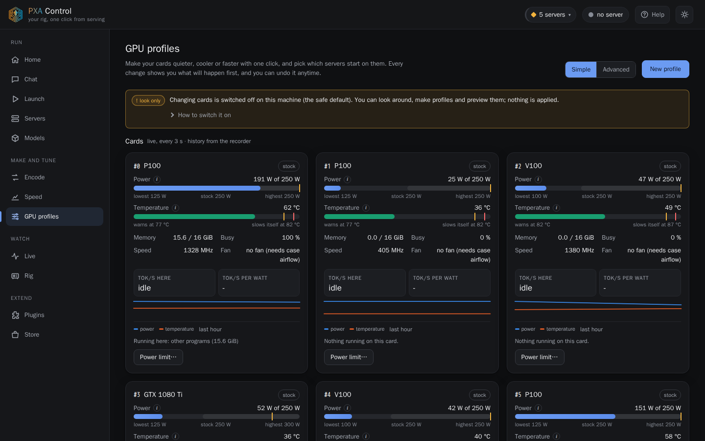 PXA Control, profiles tab (dark theme)