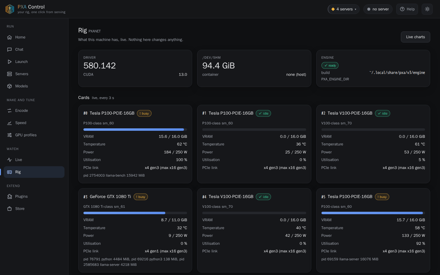 PXA Control, rig tab (dark theme)
