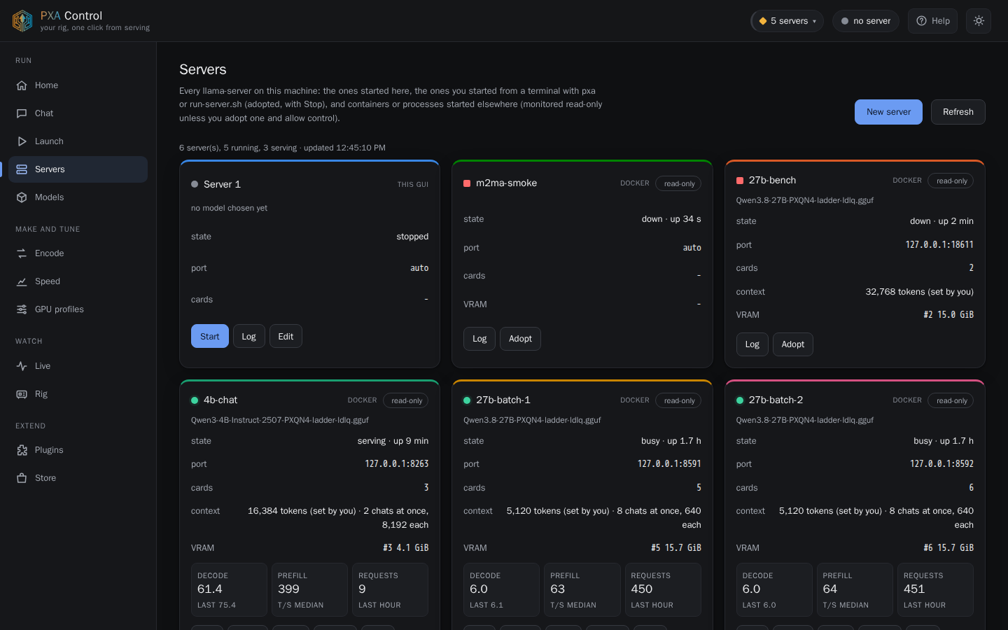 PXA Control, servers tab (dark theme)