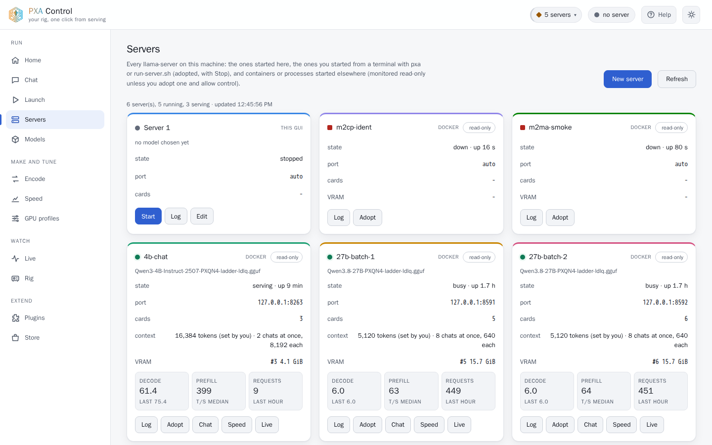 PXA Control, servers tab (light theme)