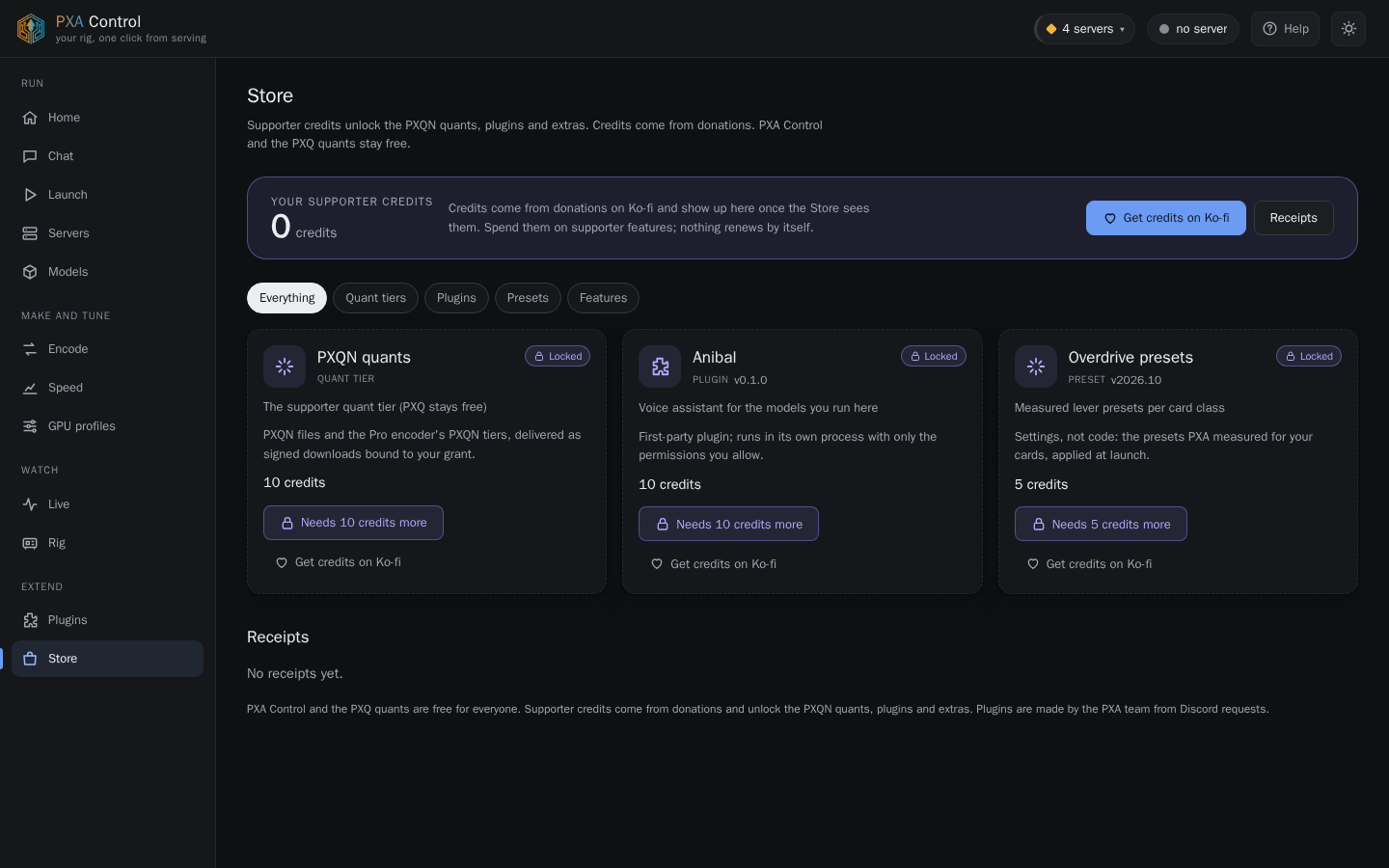 PXA Control, store tab (dark theme)